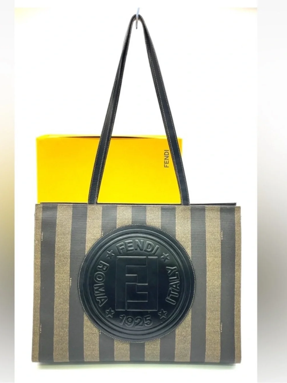 Fendi Striped Pequin Large Tote with Embossed Medallion /w Original Box
